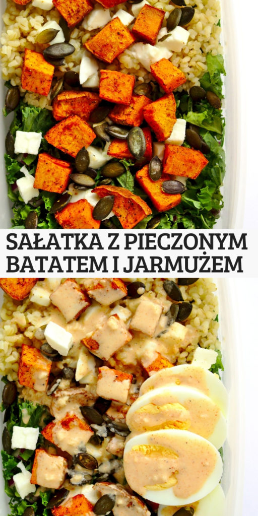 Sałatka z pieczonym batatem, jarmużem, kaszą i dressingiem tahini. Idealna sałatka do pracy